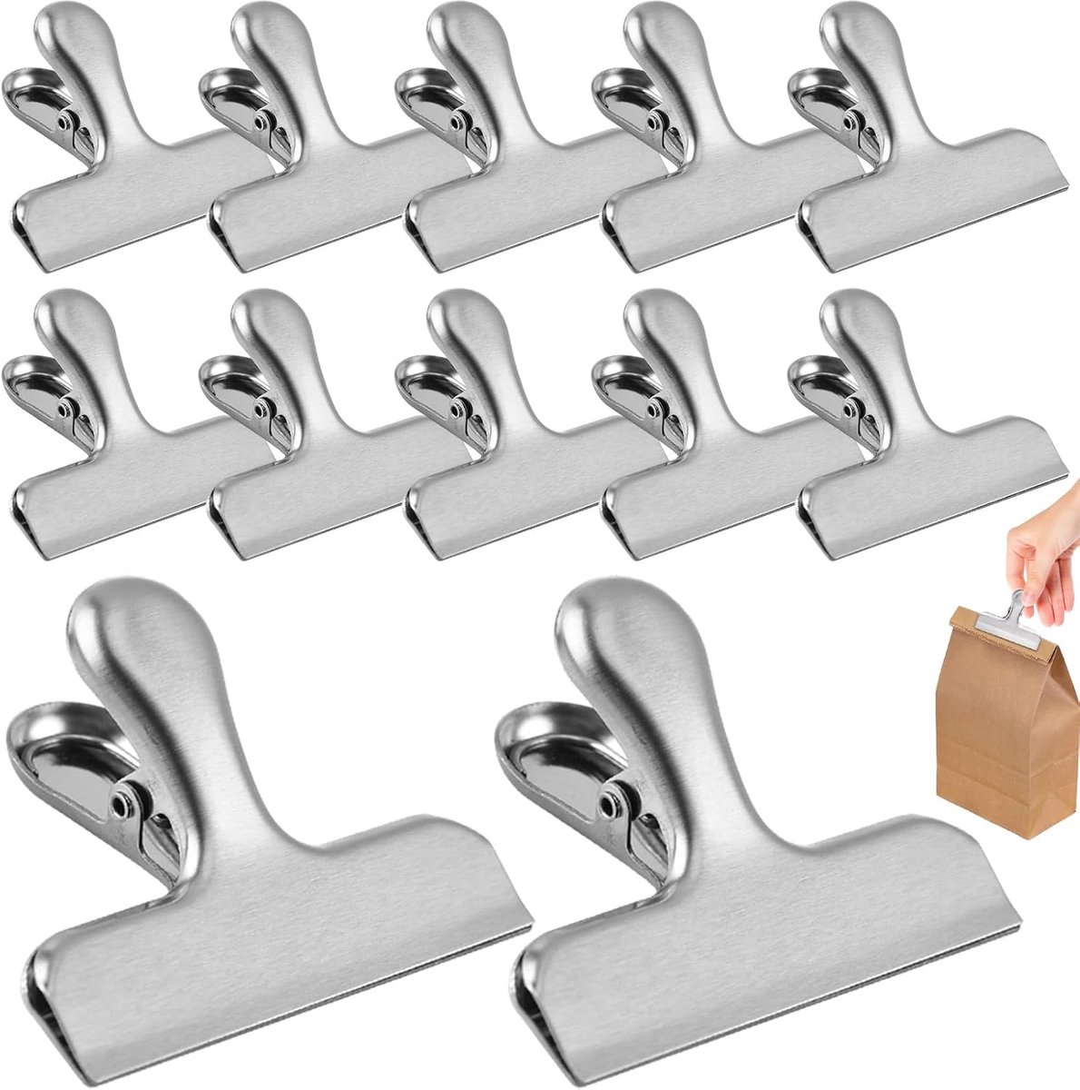 12 sluitklemmen, 78 mm roestvrijstalen sluitclips, voedselzak, metalen klemmen, levensmiddelzakclips voor keuken, kantoor, huis, school, metalen clips voor zakjes, broodzakken, chipzakjes