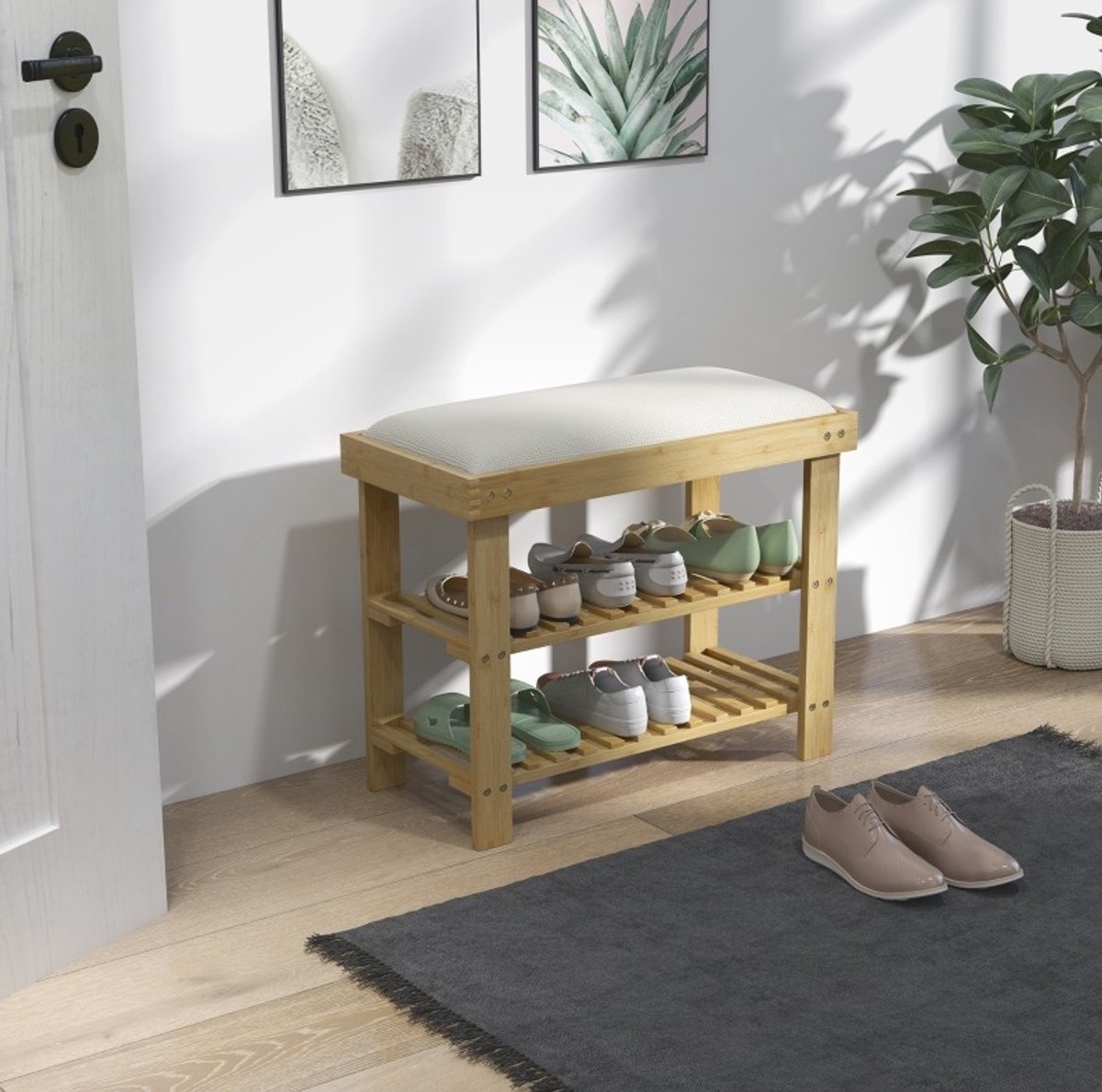 COVREO Schoenenbank 60x29x49 cm crèmewit, van hout met 2 open vakken