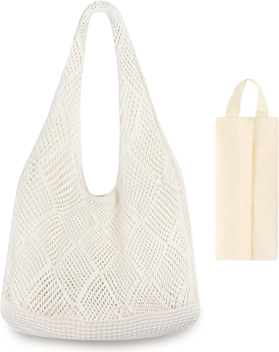 Witte Strandtas Klein 37 x 17 x 5 cm met Khaki Make-up Tas, Ideaal voor Vakantie, Dames Strandmode en Crochetas