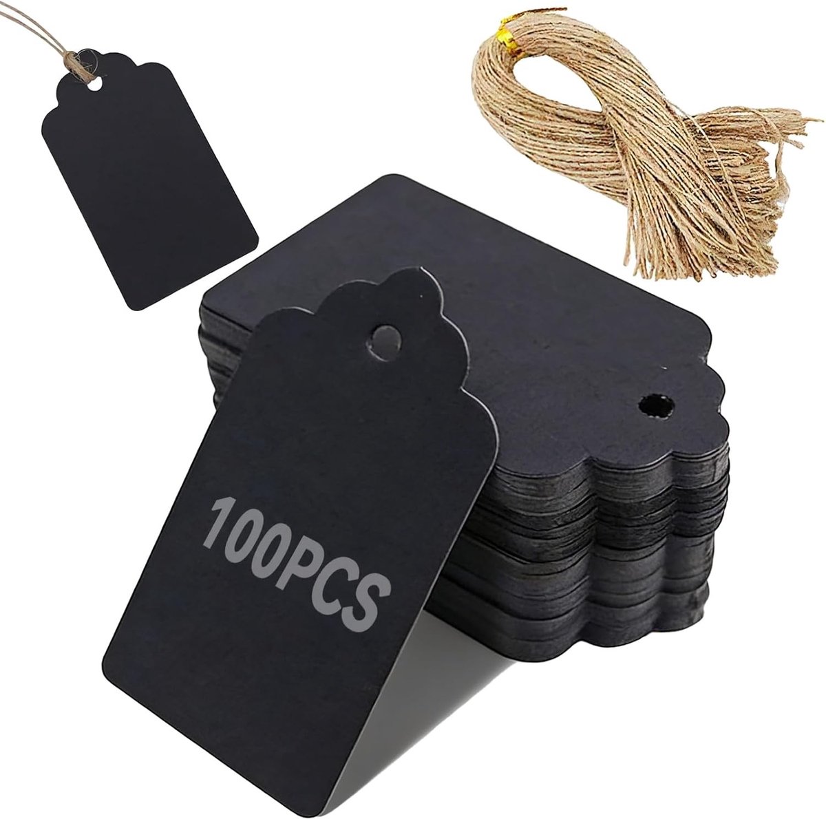 Cadeaulabels met Jute Koord, 100 Stuks, 4 × 7 cm, Perfect voor Cadeauverpakking, Bruiloften, Feesten en DIY Projecten (Zwart)