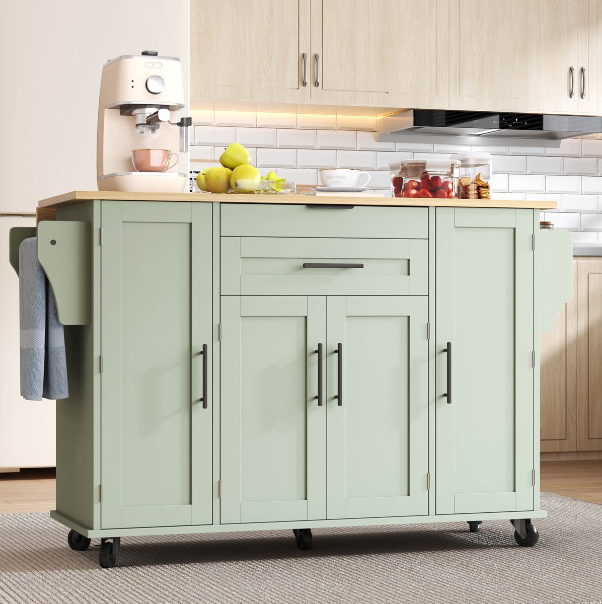 COVREO Keukenkast 136x70x92 cm Antique Green, MDF met uitschuifbaar werkblad