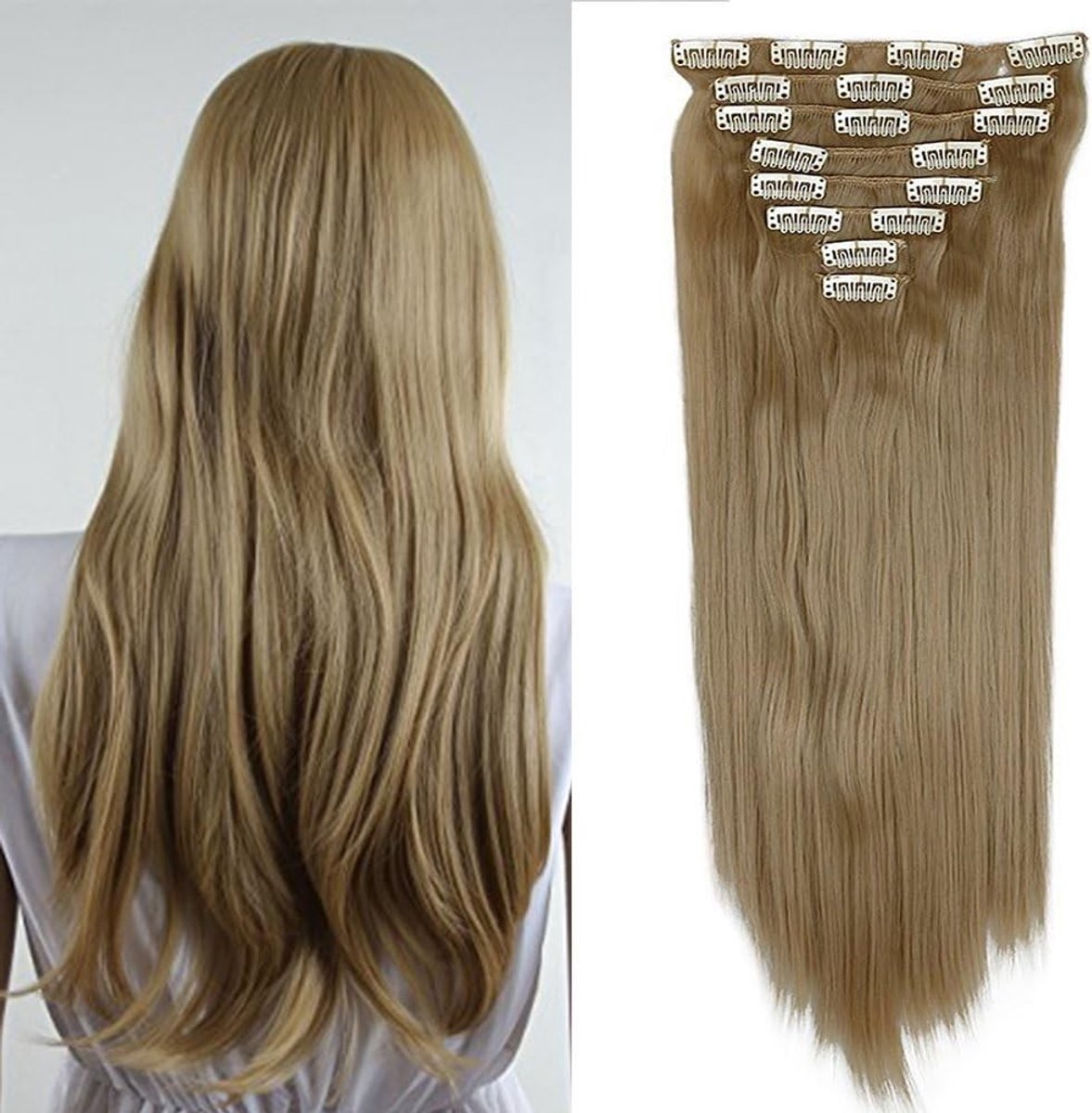 Clip-in haarextensies met 8 krullen, natuurlijk ogend, medium blond, 26 inch (66 cm), 140g, perfect voor volume en lengte
