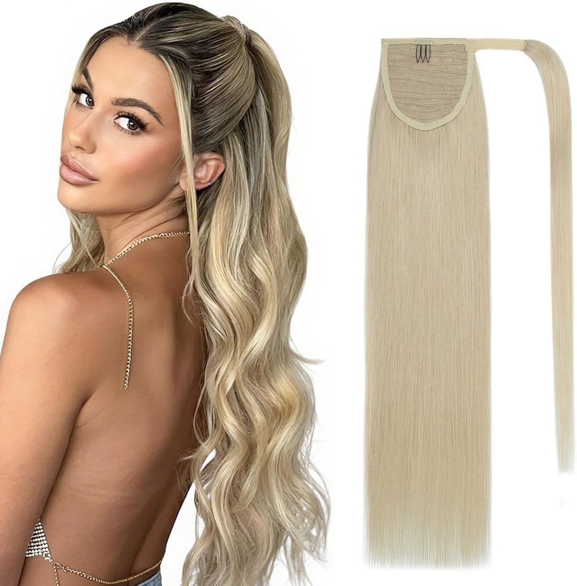 Natuurlijke 14 inch lange ponytail extension van 100% echt Remy haar, clip-in haarstuk voor een volle look, ideaal voor vrouwen met platinum blond haar (80g, #60)