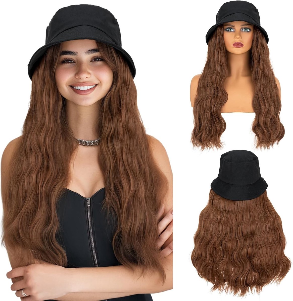 Vrouwen Hoed Peruk met 45 cm Lange Krullende Golf Synthetische Haarextensions, Vouwbare Zonnehoed voor Casual Gebruik, Lichtbruin Haaraccessoire