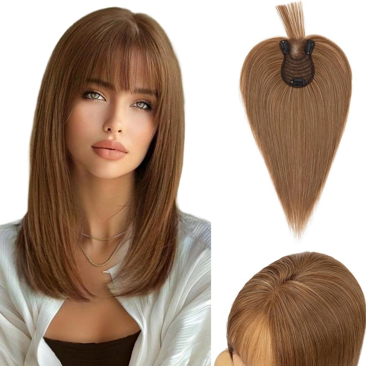 Natuurlijke Haarstuk voor Dames, 40g Echte Haar Ponyclips, Lichte Bruine Haaraccessoire voor Dunner Wordend Haar, 35CM Handgevlochten Basis