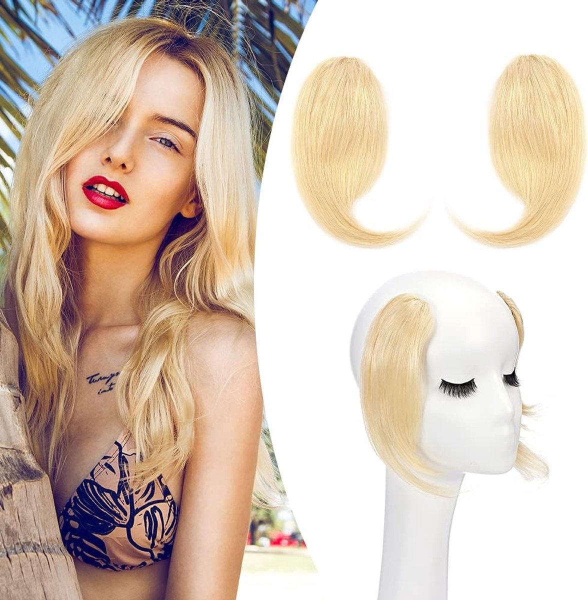 Natuurlijke Clip-In Pony Haarstuk, 100% Remy Echte Haar, Twee Delige Bangs Extensions, Lichtblond #613, Perfect voor Volumineuze Look en Gemakkelijke Styling