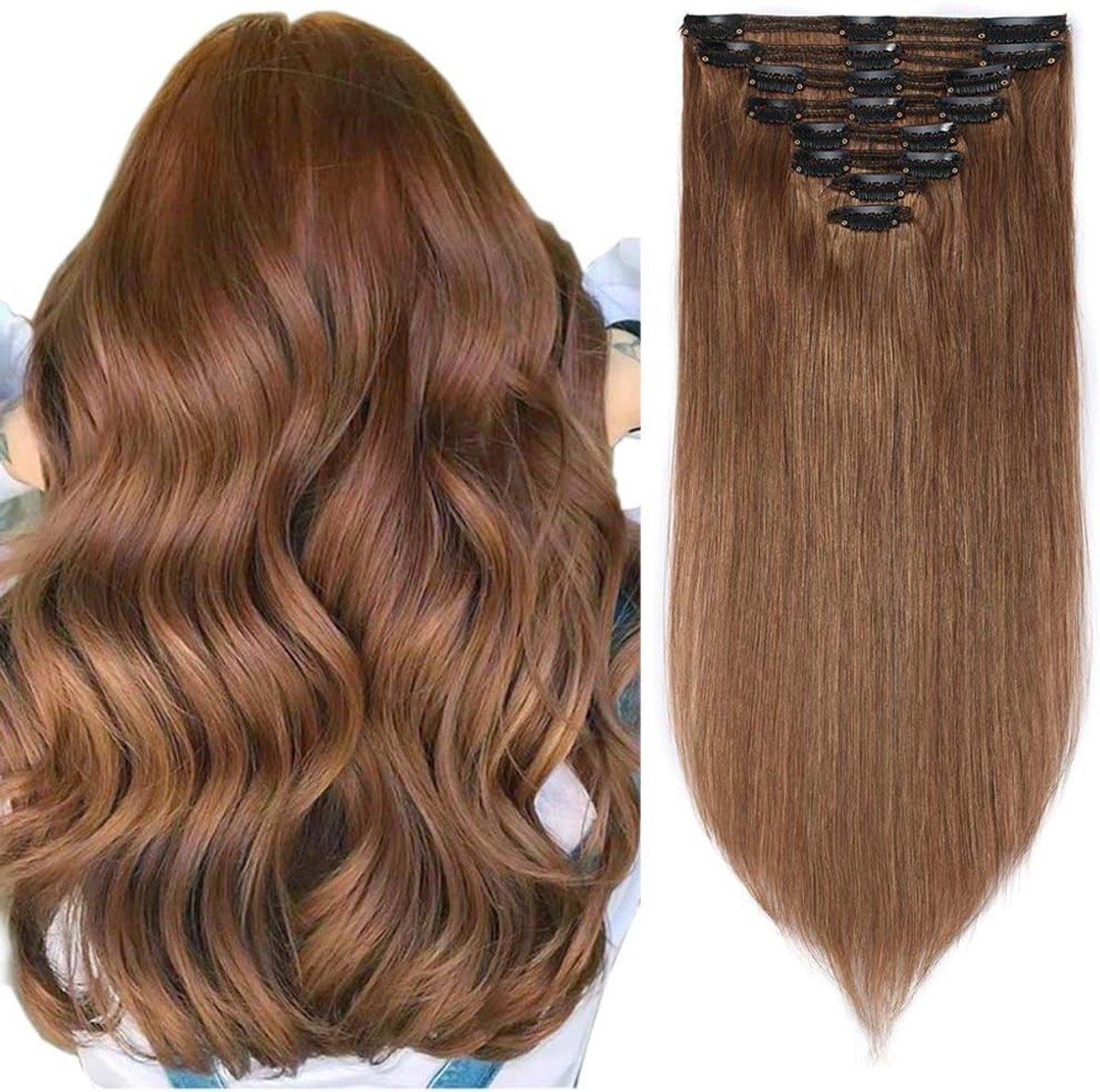 Clip in Extensions Echthaar 8-delige Set Remy Haarverlängerung Doppelt 18 inch 140g Hellbraun #6 voor Volumineus Haar