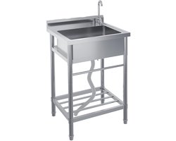 Vrijstaand RVS Spoelbak Enkelbak - 304 Roestvast Staal Utility Wastafel Met Afdruipvlak - Vrijstaande Stalen Onderstel - Geschikt Voor Keuken, Garage, Catering En Bedrijf - 61x51x104 cm
