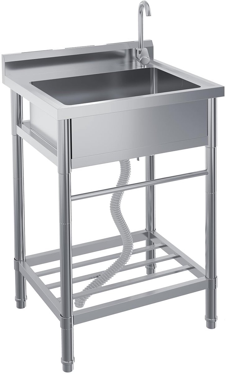 Vrijstaand RVS Spoelbak Enkelbak - 304 Roestvast Staal Utility Wastafel Met Afdruipvlak - Vrijstaande Stalen Onderstel - Geschikt Voor Keuken, Garage, Catering En Bedrijf - 61x51x104 cm