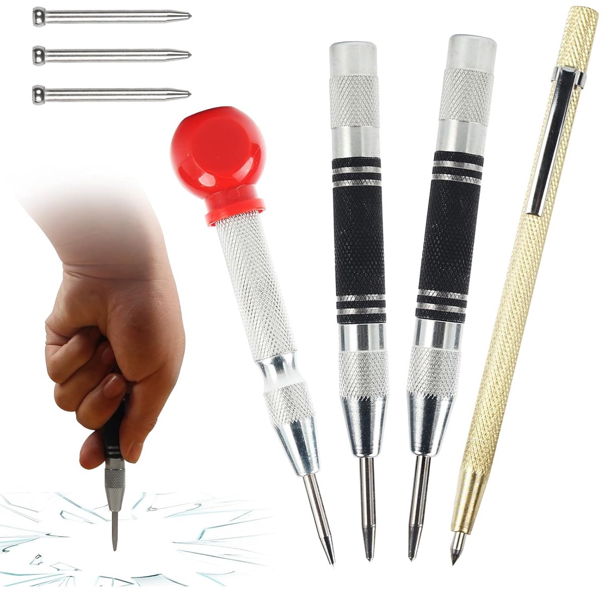 SnelShoppen - Set van 4 automatische metalen pennen met tekennaald en 3 vervangtips, eenhandig verstelbare veerwerking, voor metaal, hout, glas