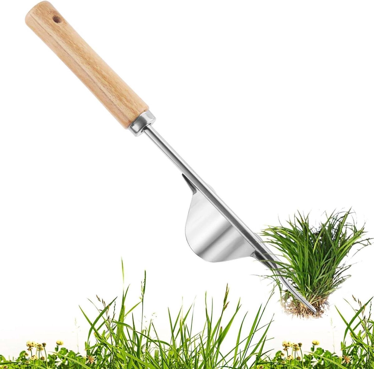 Handmatige Onkruidsteker - Wortelwieder Tuin - Onkruid Verwijderen - Ergonomisch Houten Handvat - 33 cm Lengte - Zilver