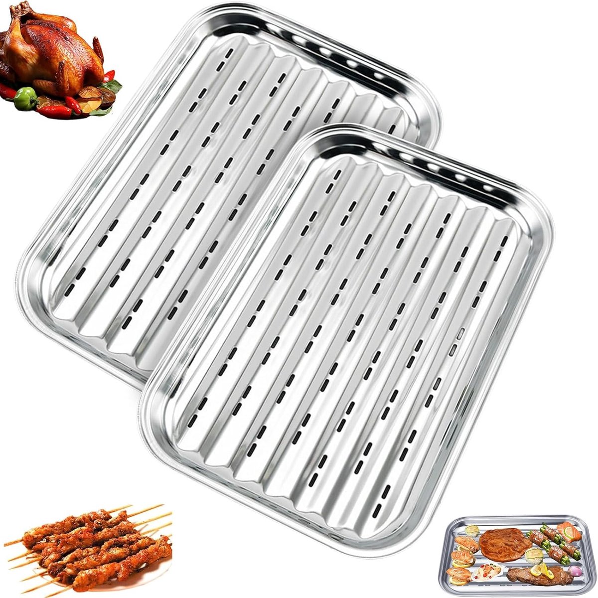 BBQ Grillpannen Set van 2 - Roestvrij staal - Herbruikbaar - Voor groenten, vis of vlees - SnelShoppen