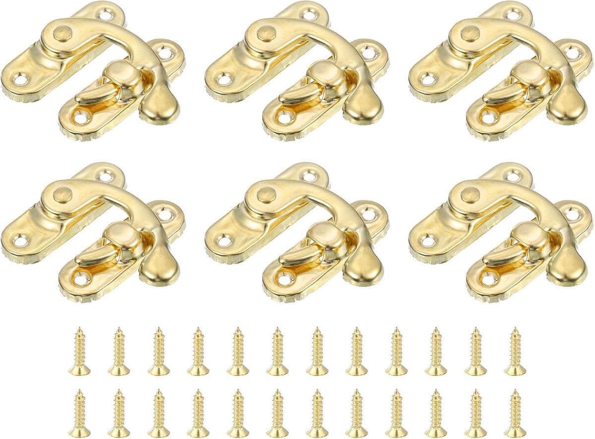 SnelShoppen - 6 Stuks Vintage Deursloten 37x42mm Mini Latch Scharnierslot Rechts Haaksluiting met Schroeven voor Sieradenkist Koffer Cassette Goud