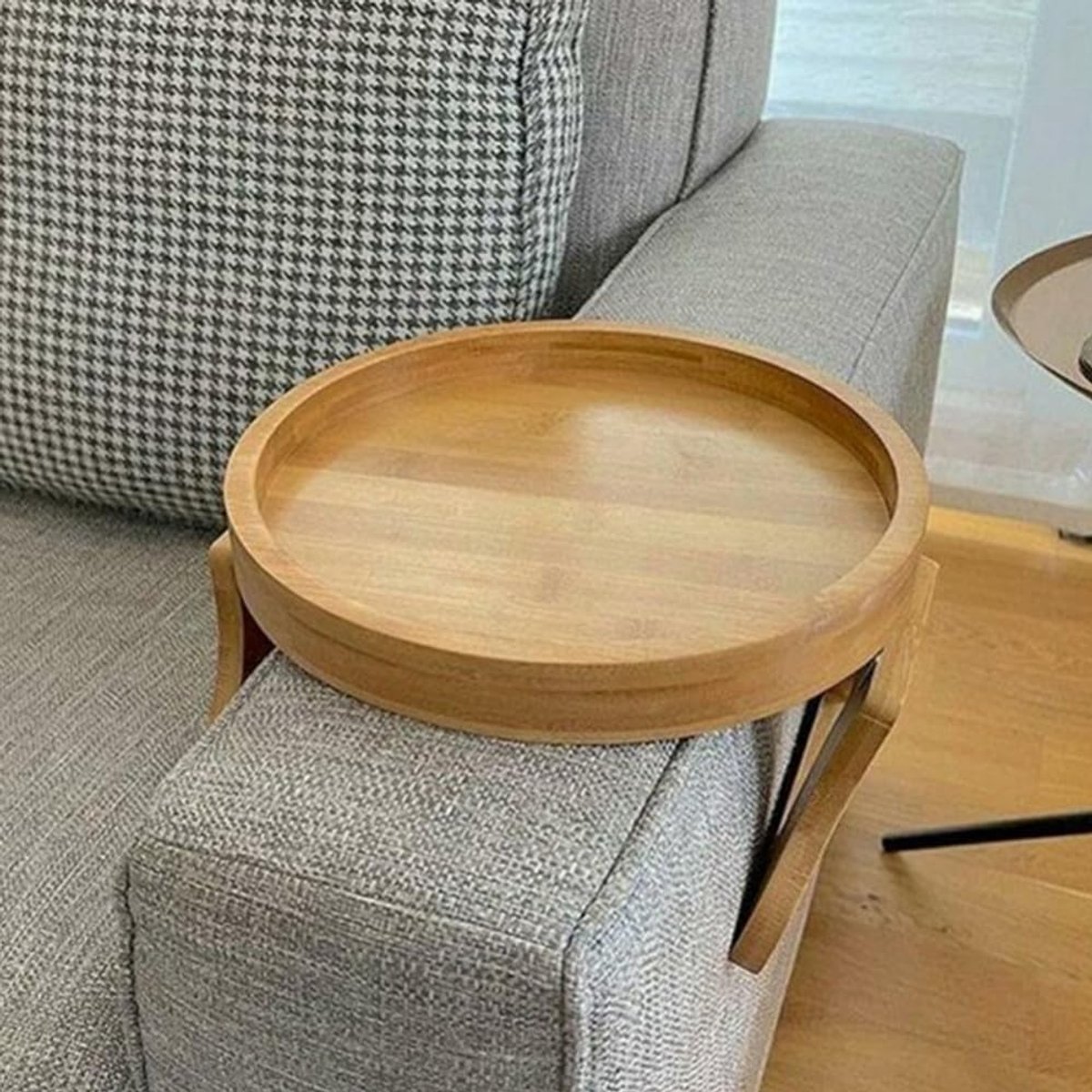 SnelShoppen - Vouwbare Sofa Arm Tray Tafel, Draagbare Armleuning Tafel van Natuurlijk Hout, 25cm Diameter voor Dranken, Snacks en TV Avondjes
