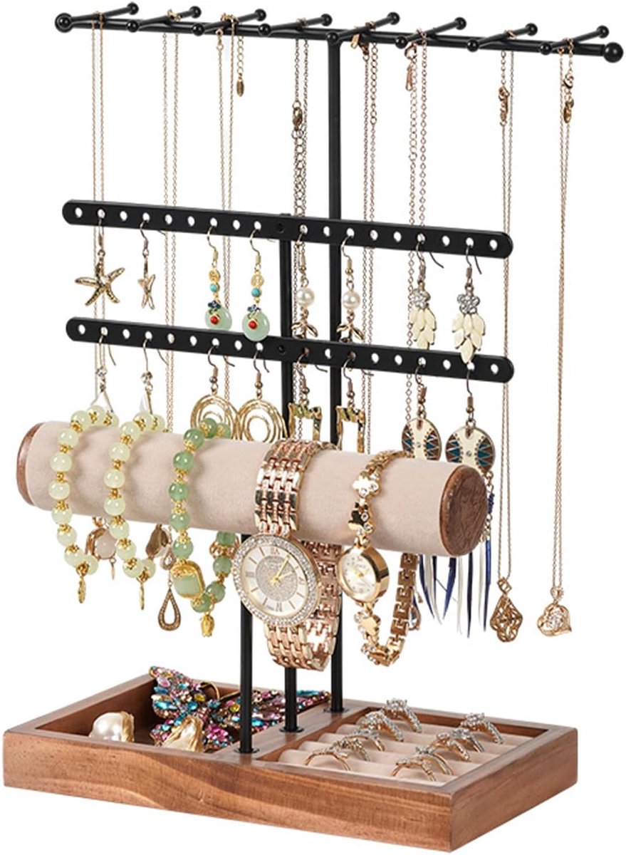 SnelShoppen - Multifunctionele Sieradenstandaard met Houten Basis, 5 Niveaus voor Sieraden, Oorbellen, Kettingen, Armbanden, Horloges en Meer