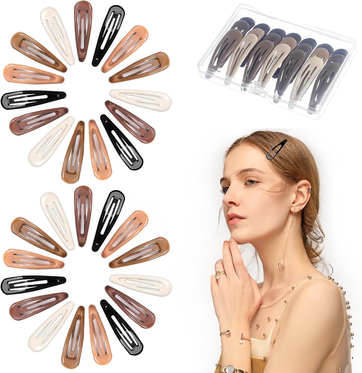 Haarspelden set 30 stuks - 5 kleuren met snap studs - metalen clips - eenvoudig in gebruik - ShopVlot