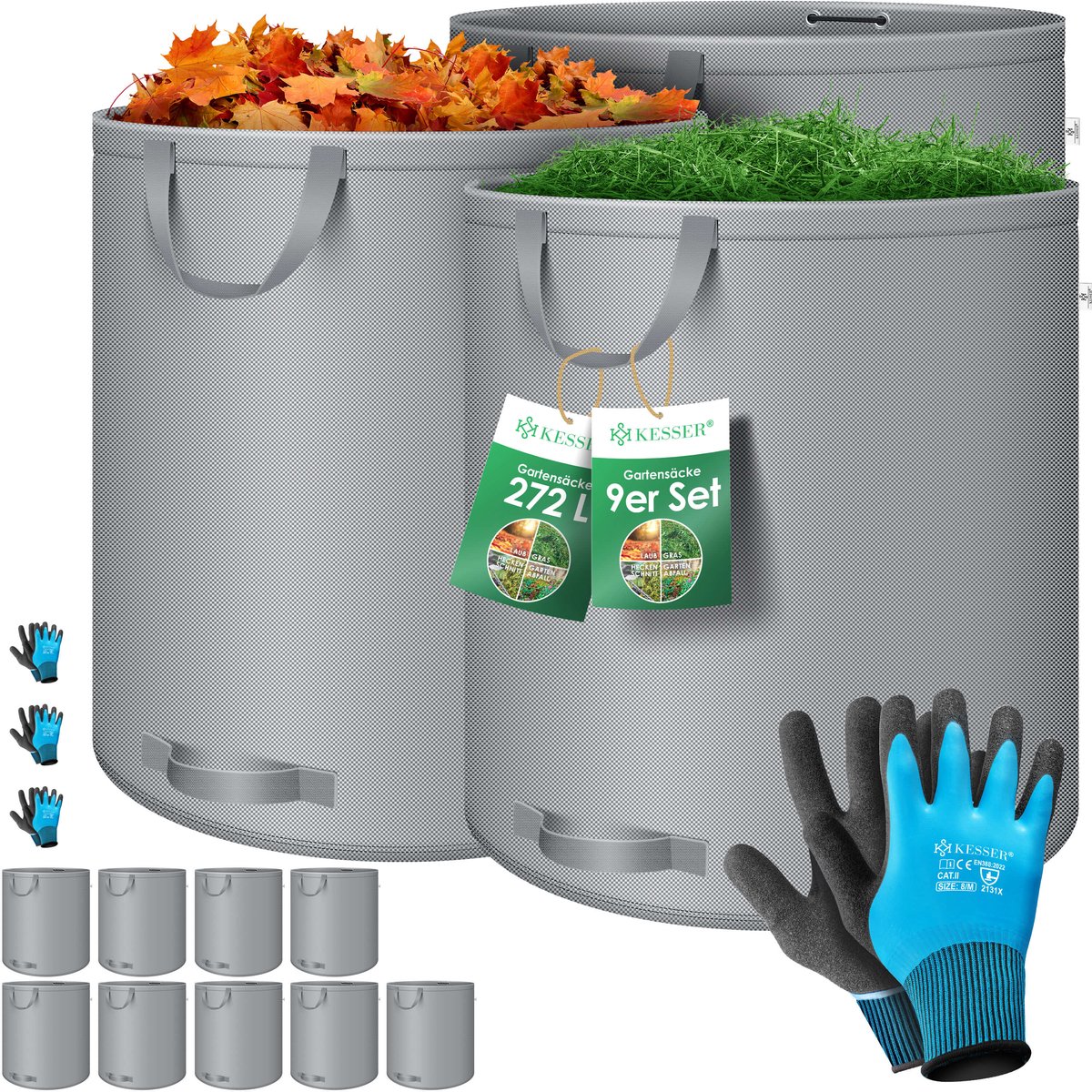 KESSER® Tuinafvalzak Tuinzak Set Bladzak incl. Handschoenen - Zelf Staand 4 Handvatten Stabiel Robuust & Opvouwbaar - Bladzakken Maaisel Tuinzakken voor Tuinafval Groenafval - 9-delige set, Grijs