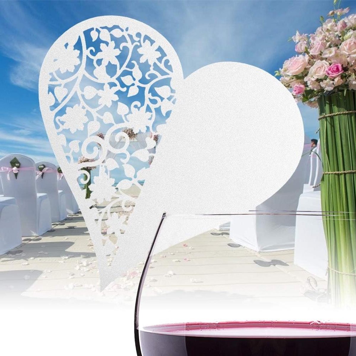 Naamkaartjes Hartvorm - Bruiloftskaartjes Plaatskaartjes - Tafeldecoratie Bruiloft - Hol Ontwerp Elegant - 82 x 8 cm - Wit