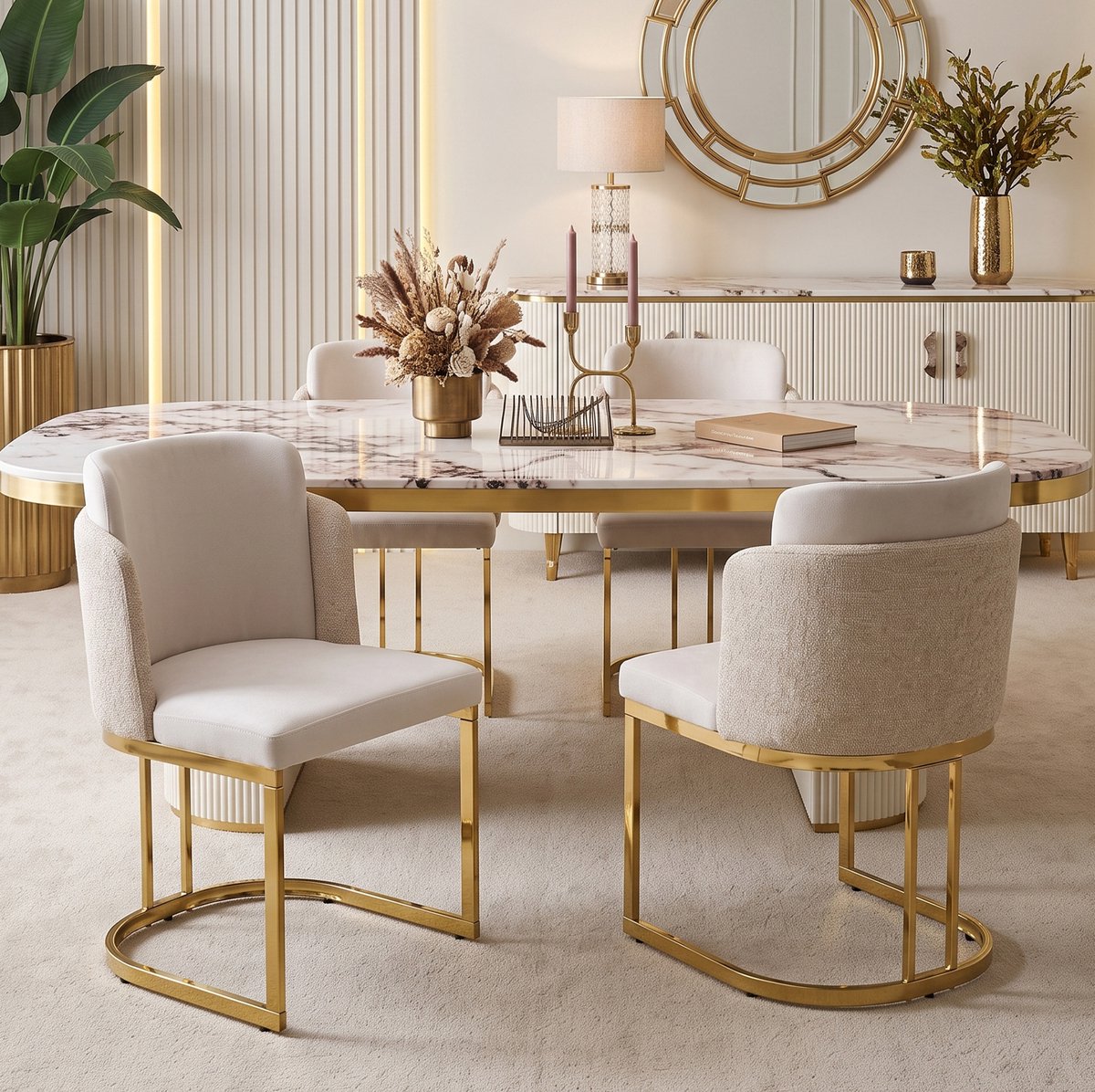 MIVRAY Eetkamerstoel Set van 4 - Moderne Luxe Designstoel Met Armleuningen - Voor Eetkamer, Woonkamer En Café - Chenille Beige En Goud