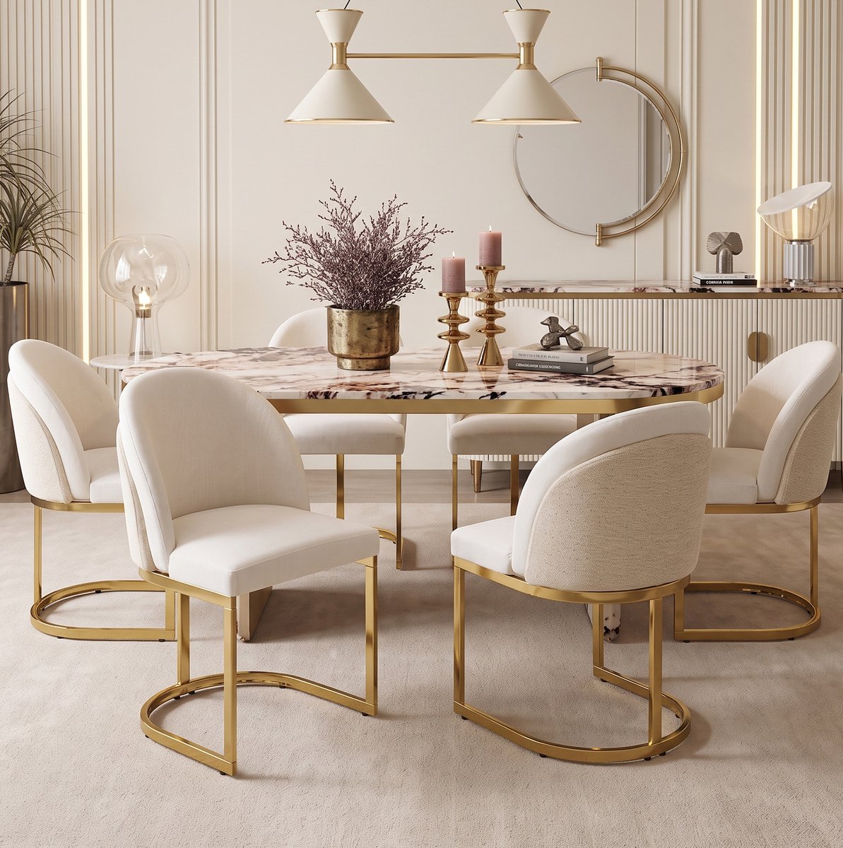 MIVRAY Eetkamerstoel Set Van 6 - Modern Design - Comfortabele Chenille Bekleding - Voor Eetkamer, Woonkamer En Café - Beige En Goud