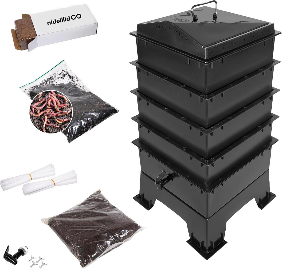 Wormenhotel Starter Set - Compostbak - Afval Verwerken - Uitbreidbaar met 4 verdiepingen - 64 Liter - Zwart