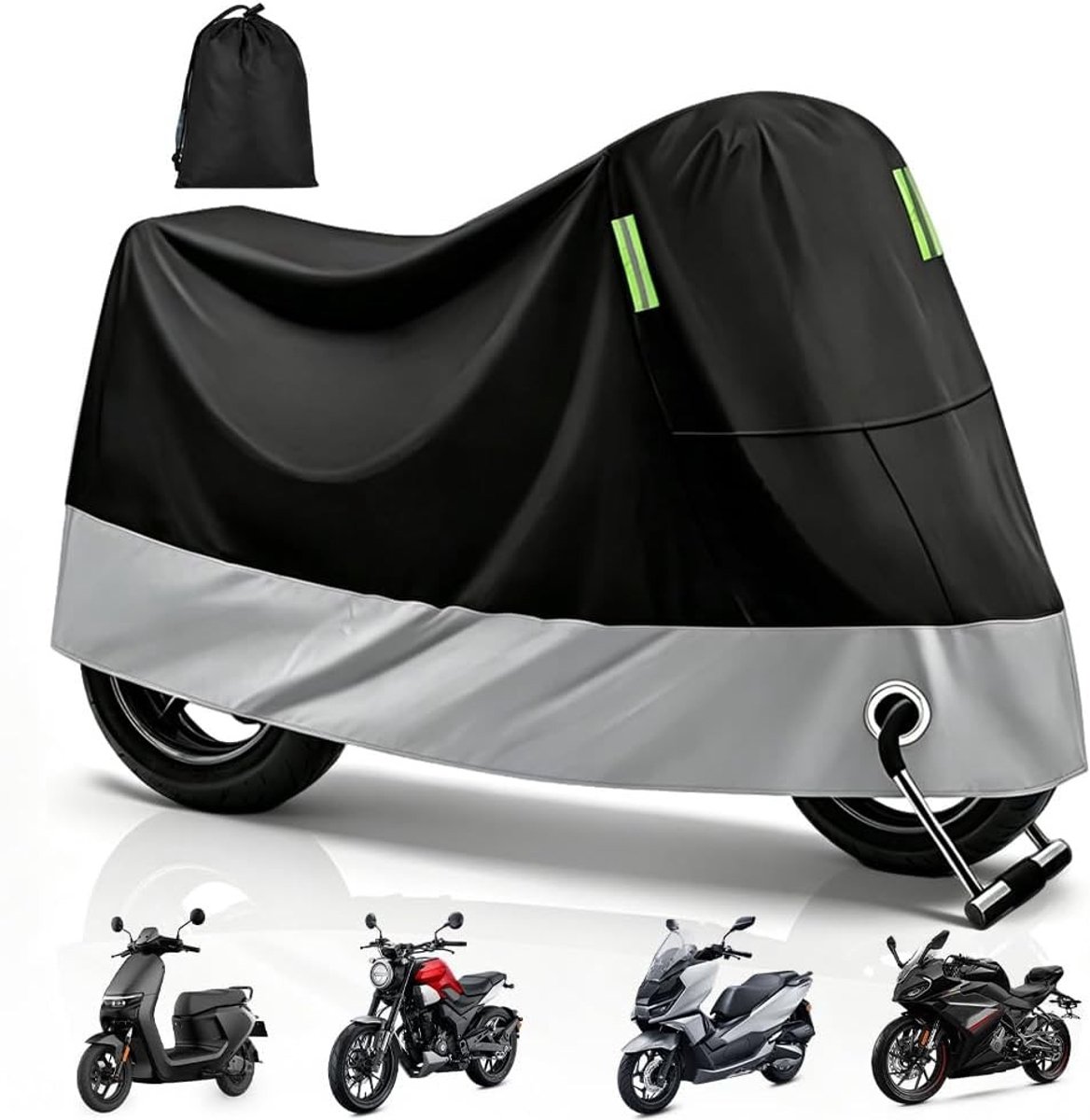 Buiten motorhoes XXL, waterdichte en UV-bestendige bescherming voor scooter en bromfiets, winterbestendig met slotgat en winddichte gesp (245 x 105 x 125 cm)