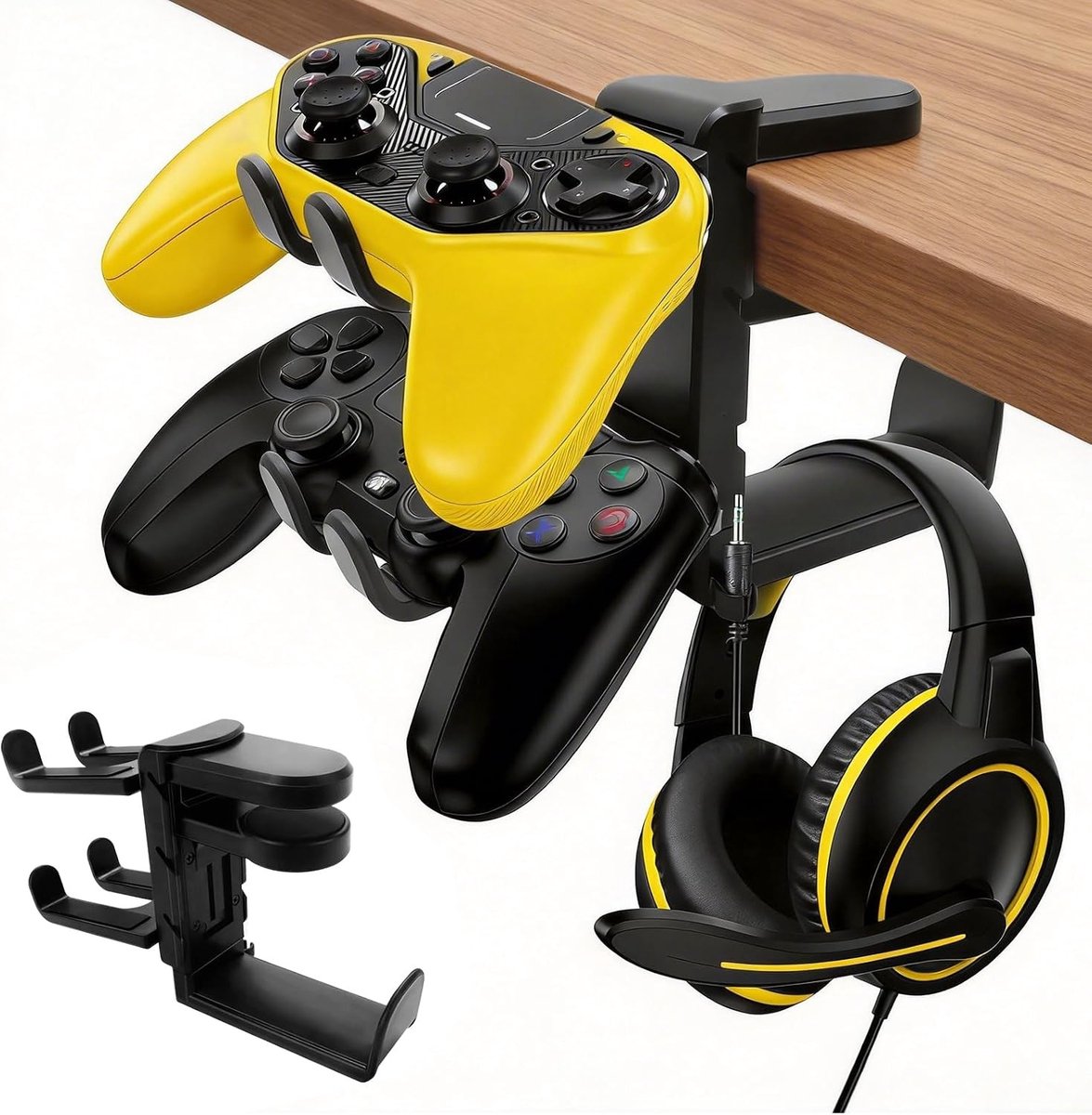Hoofdtelefoonstandaard en controllerhouder 360° met kabelorganizer voor gaming en computergebruik, klembare headsethouder (zwart)