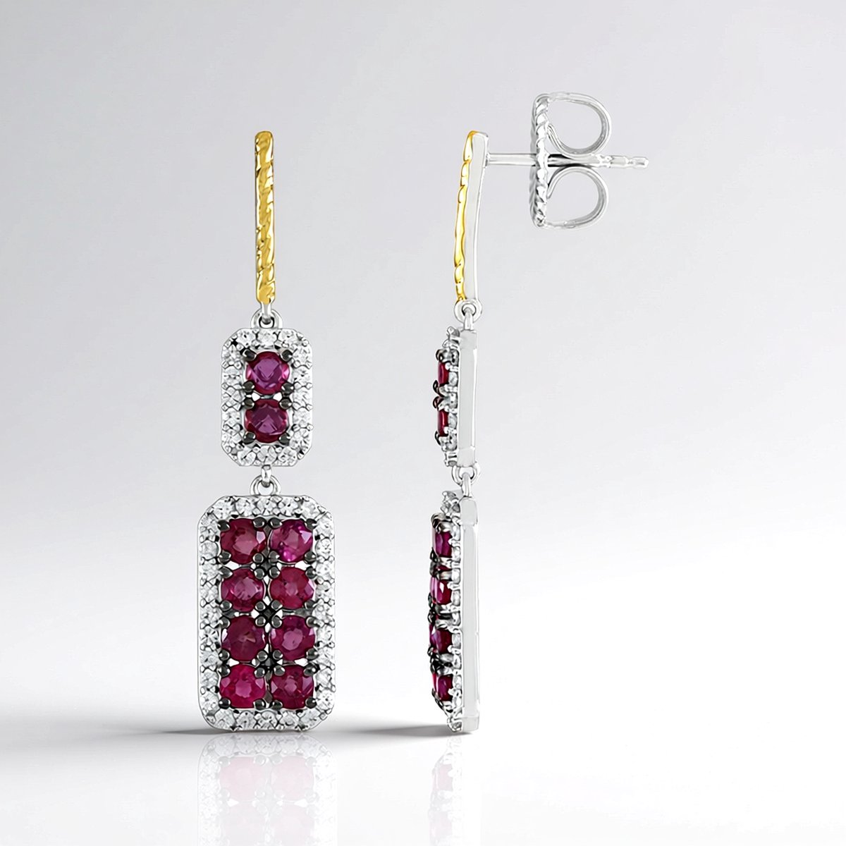 Cavill - 3,96ct Birmese Robijn & 1,58ct Zirkonia - 925 Sterling Zilver Palladium - Ronde Edelsteen Oorbellen - Elegant & Luxe
