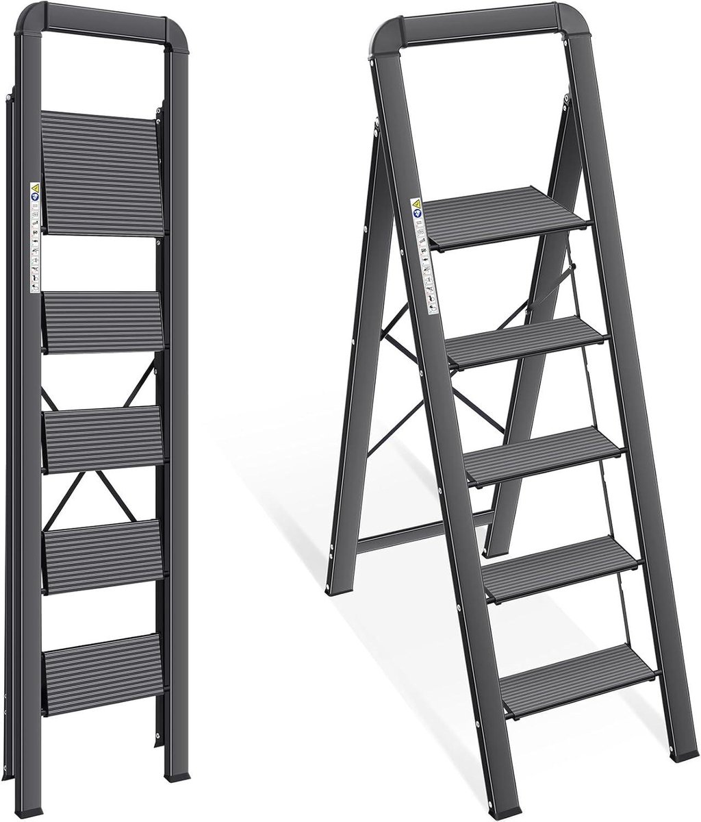 Trapladder 5 treden - Opvouwbare kruk - Huishoudelijk werk - Met leuning - 150 kg belastbaar - Zwart