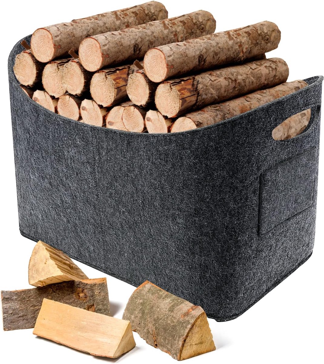 Haardhoutmand 63 Liter – Extra Grote Vilten Brandhoutmand – Opvouwbare Houtmand met Handgrepen – 5 mm Dik Vilt – 53 x 30 x 40 cm – Grijs – Voor Haardhout, Speelgoed, Kranten en Opbergen