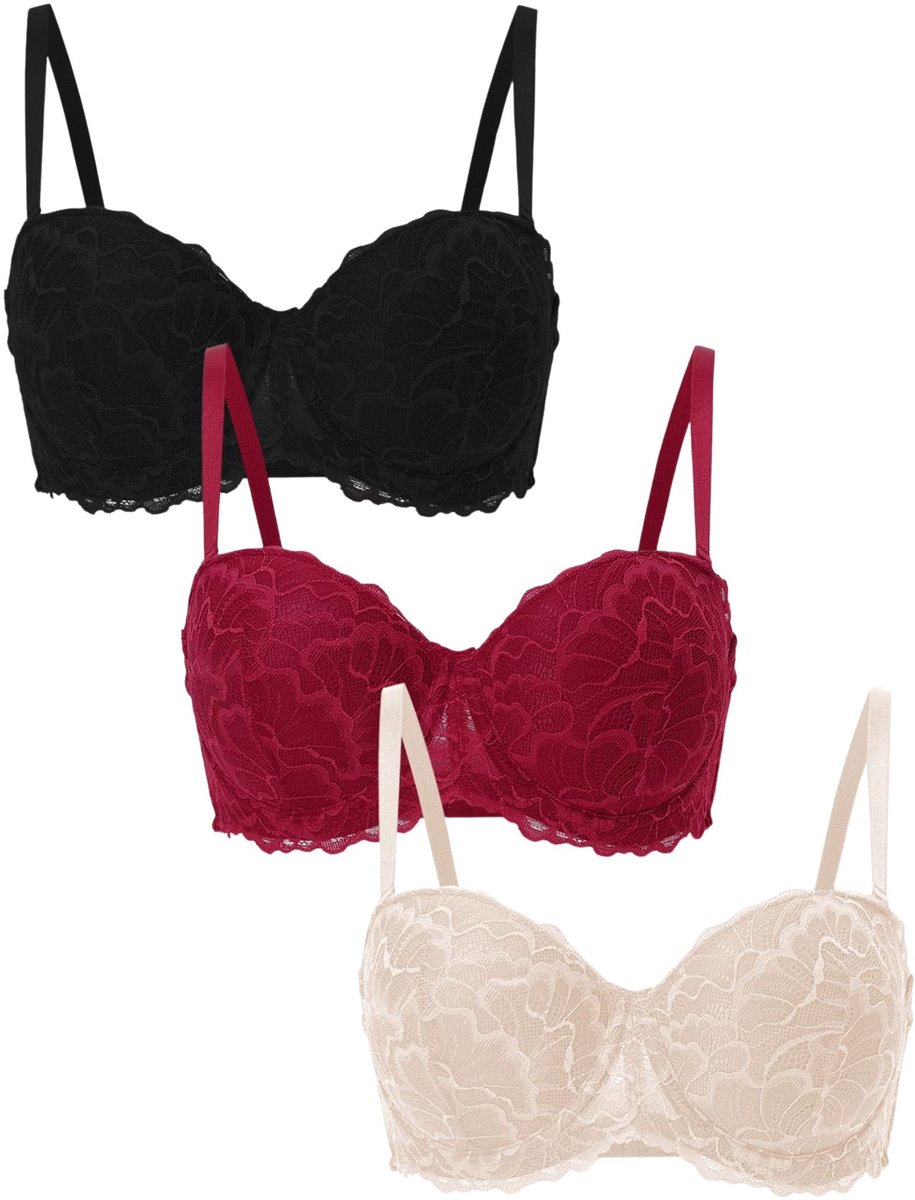 Currero BH Zonder Beugel - Strapless - Zonder Bandjes - Met Voorsluiting - Push-up Bh's - Comfort Beha - Comfortabel - Grote Sluiting - Zwart + Abrikoos + Rood - Cupmaat