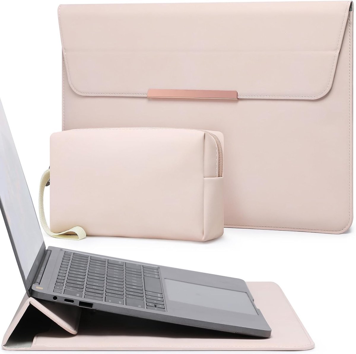 Laptop Sleeve Bag voor 13.3-14 Inch Laptops met Stand, Geschikt voor MacBook, Apricot Kleur, Bescherming en Draagbaarheid