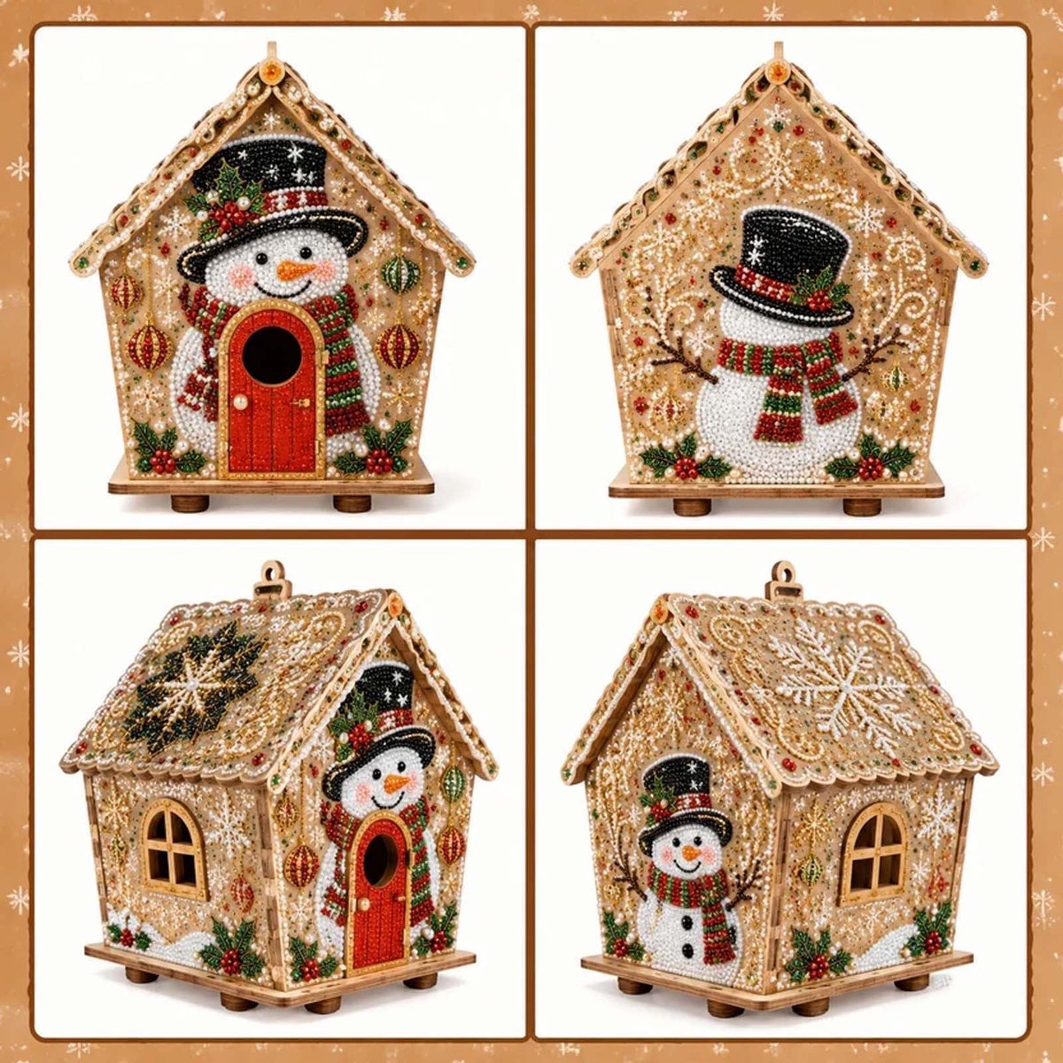 Casalora® Kerst Houten Huisje Parel Diamond Painting – DIY 3D Parel Kunstwerk – Creatieve Kerstdecoratie – Handgemaakte Wand- en Tafeldecoratie – Sneeuwpop