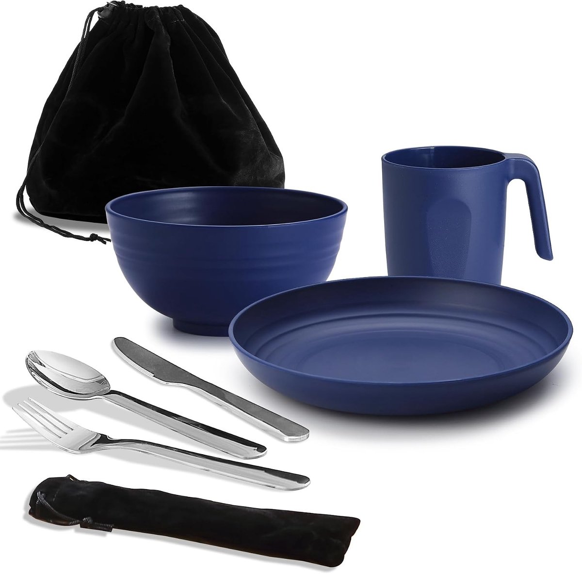 Complete Camping Mess Kit voor Buitenactiviteiten - Bestekset met Mes, Lepel, Vork, Beker, Kom en Bord - Ideaal voor Kamperen, Picknicken en Reizen