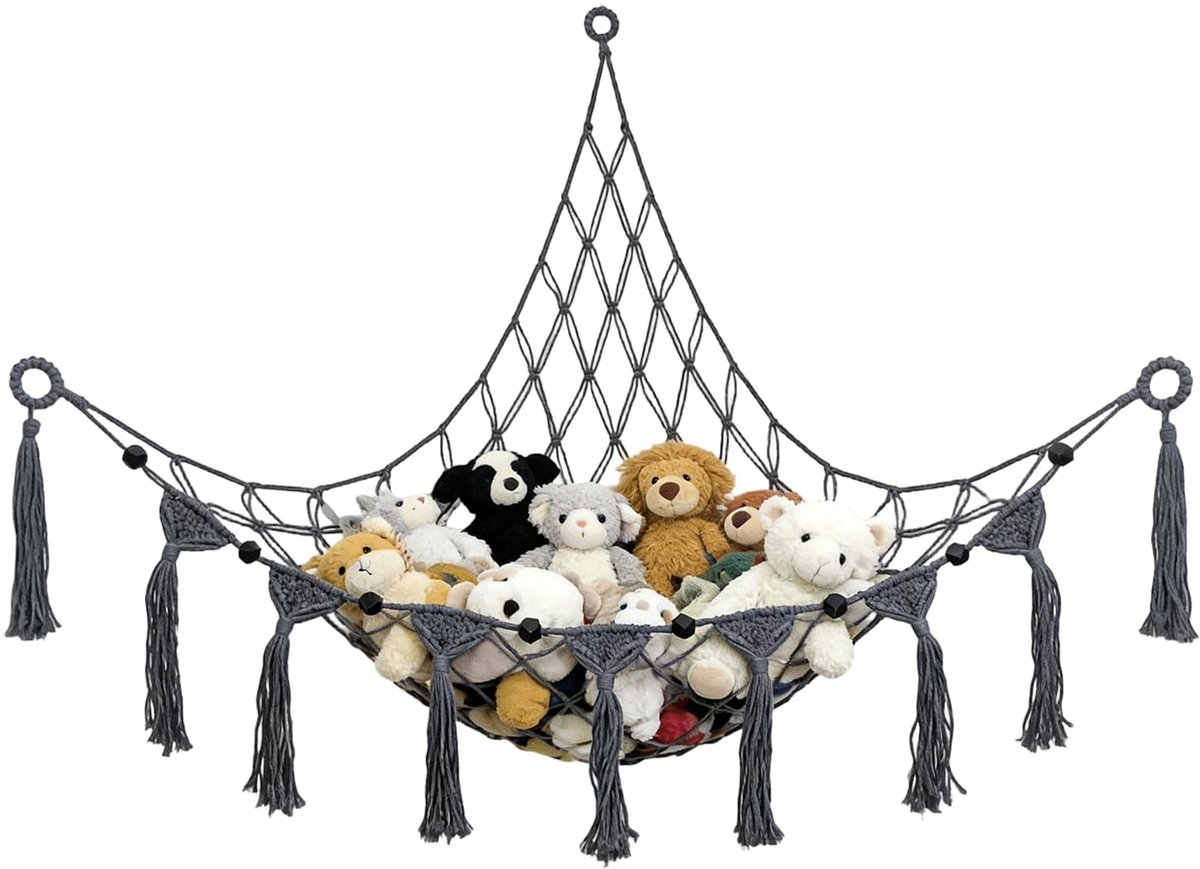 Knuffeldier opbergnet - boho macramé grijs - stijlvolle ruimtebesparing - ideaal voor speelgoed - ShopVlot