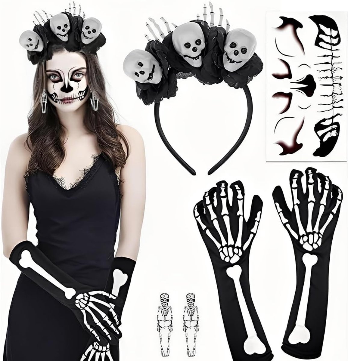 Set van Halloween Kostuum met Dag van de Doden Haarband, Bloemen, Skelet Handschoenen en Oorbellen voor Feestelijke Vieringen