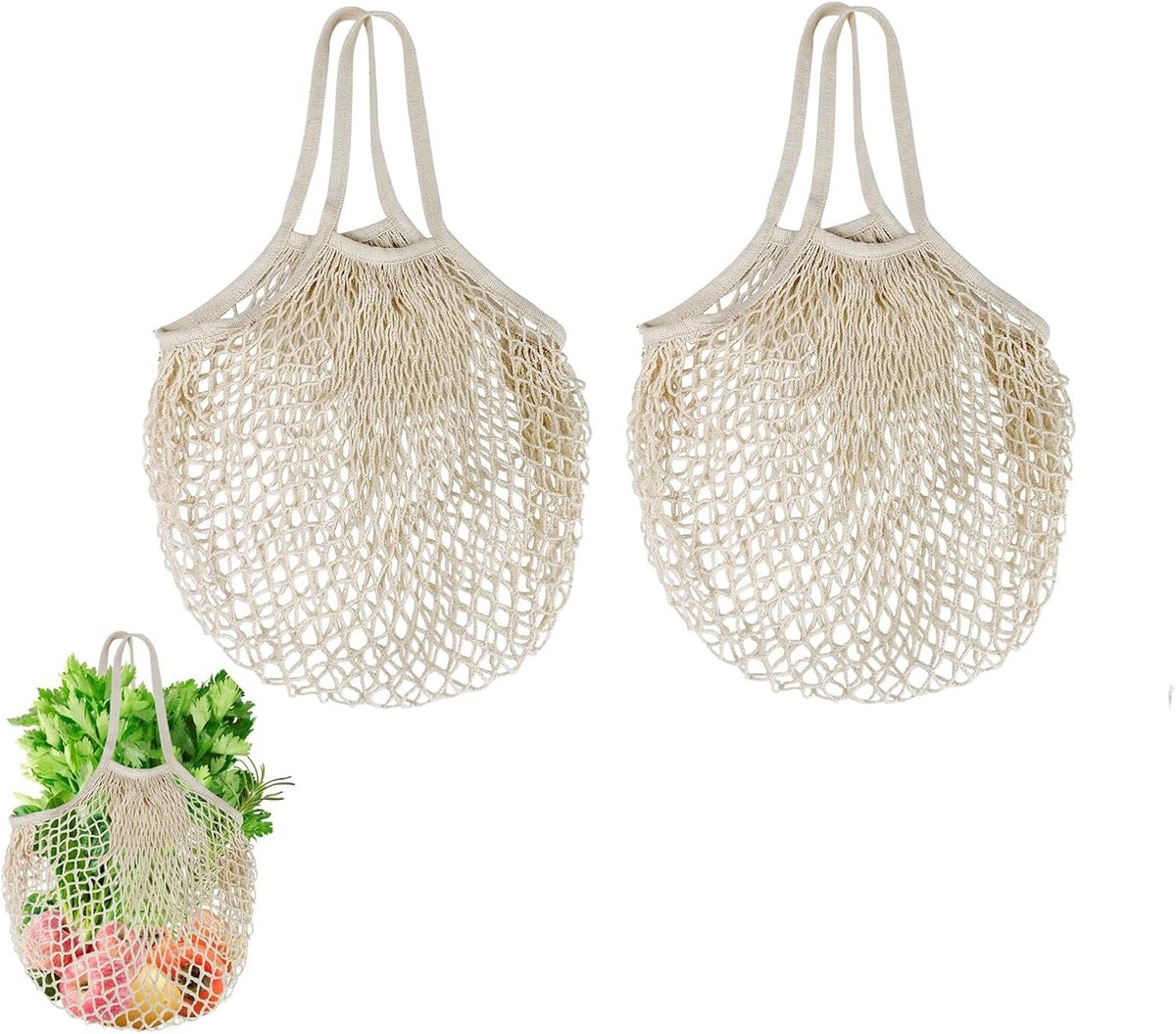Herbruikbare Katoenen Boodschappentassen met Handvatten - 2 Stuks, Draagbare en Wasbare Tassen voor Groenten en Fruit, Beige
