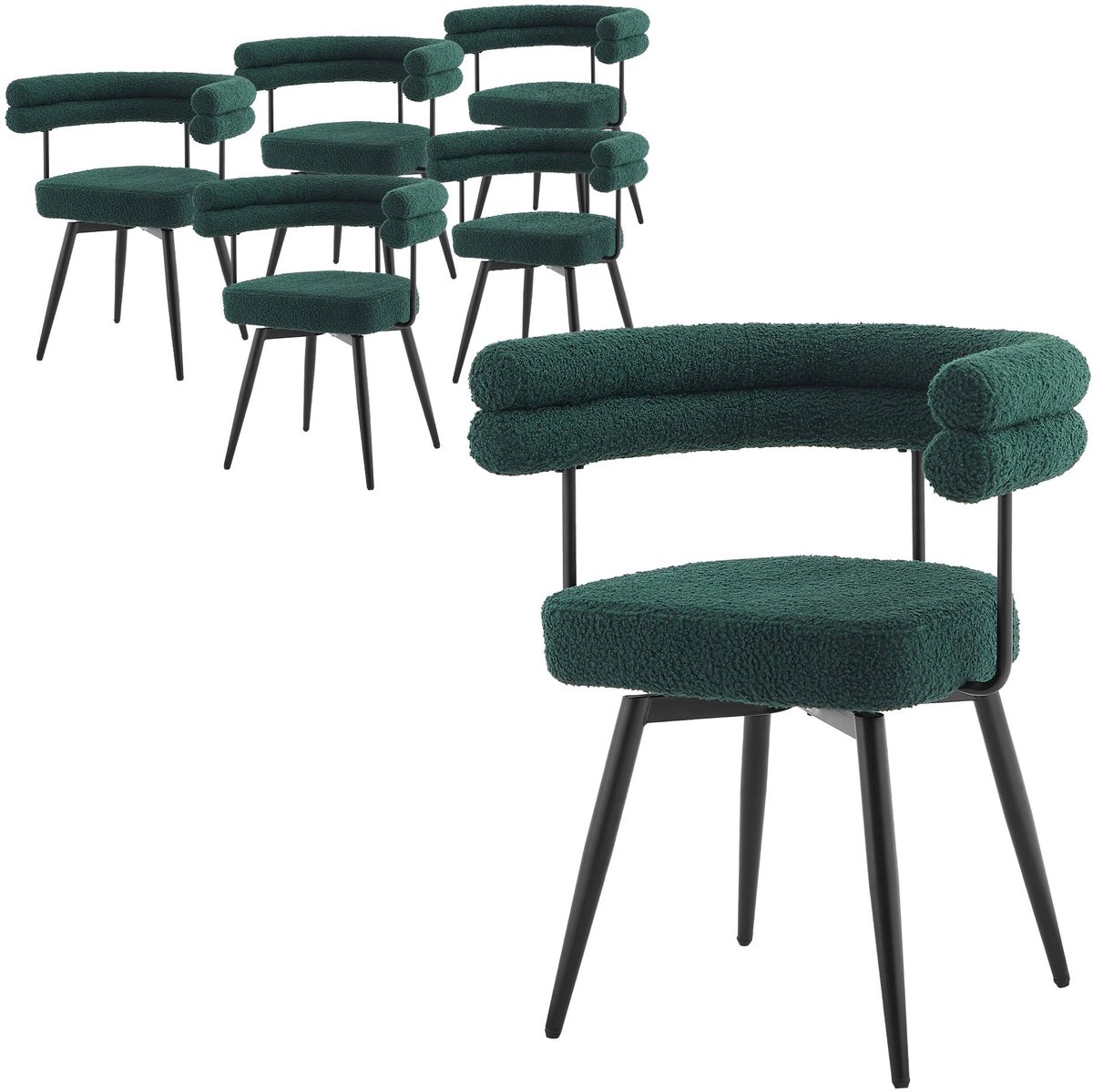 Eetkamerstoelen 6-delig - Donkergroen teddystof - Draaibaar met armen - Comfortabele lounge ervaring - ShopVlot