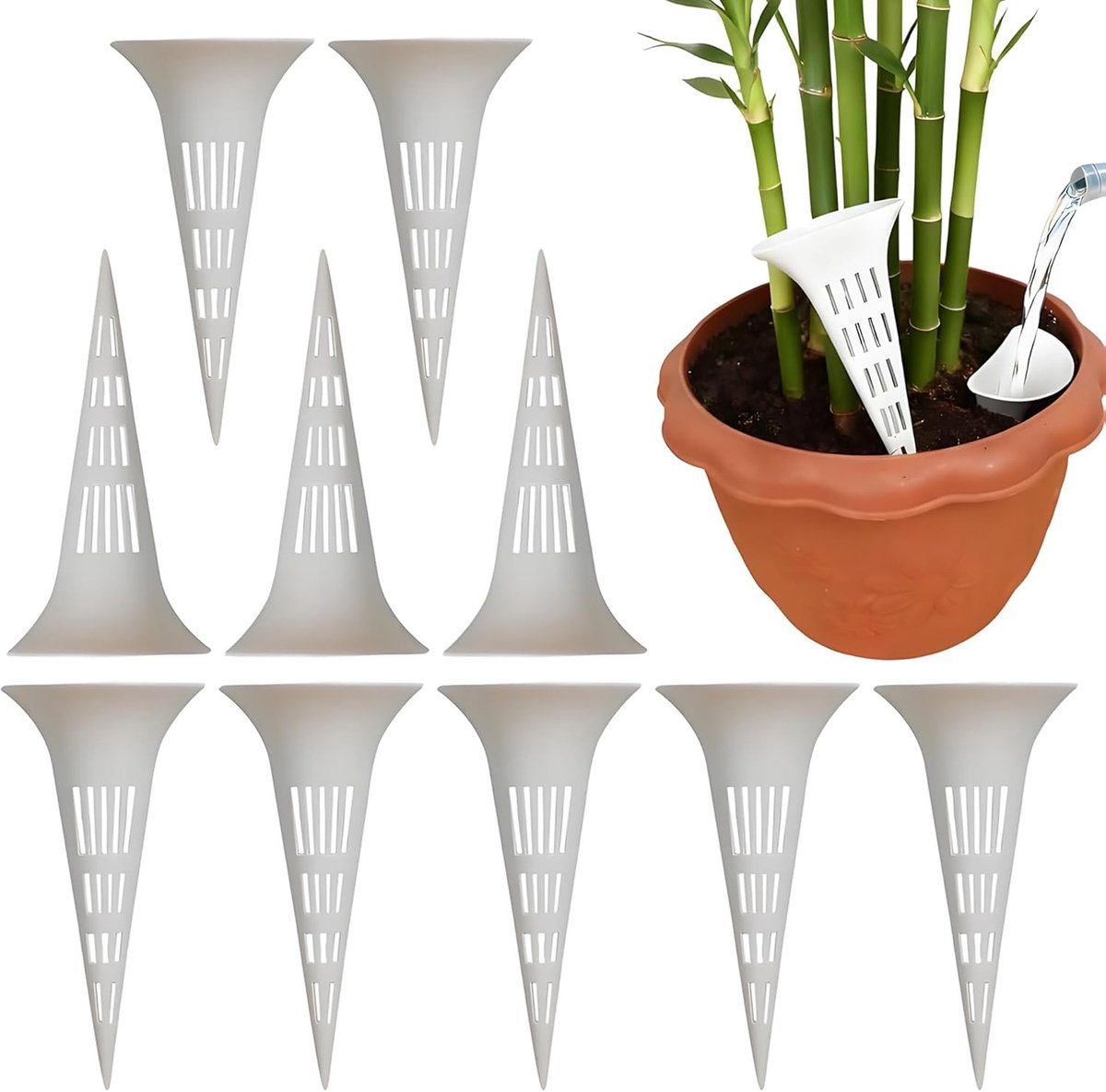 Pack van 10 irrigatiefunnels met meerdere gaten voor diepe wortels, ideaal voor potplanten en bodemirrigatie