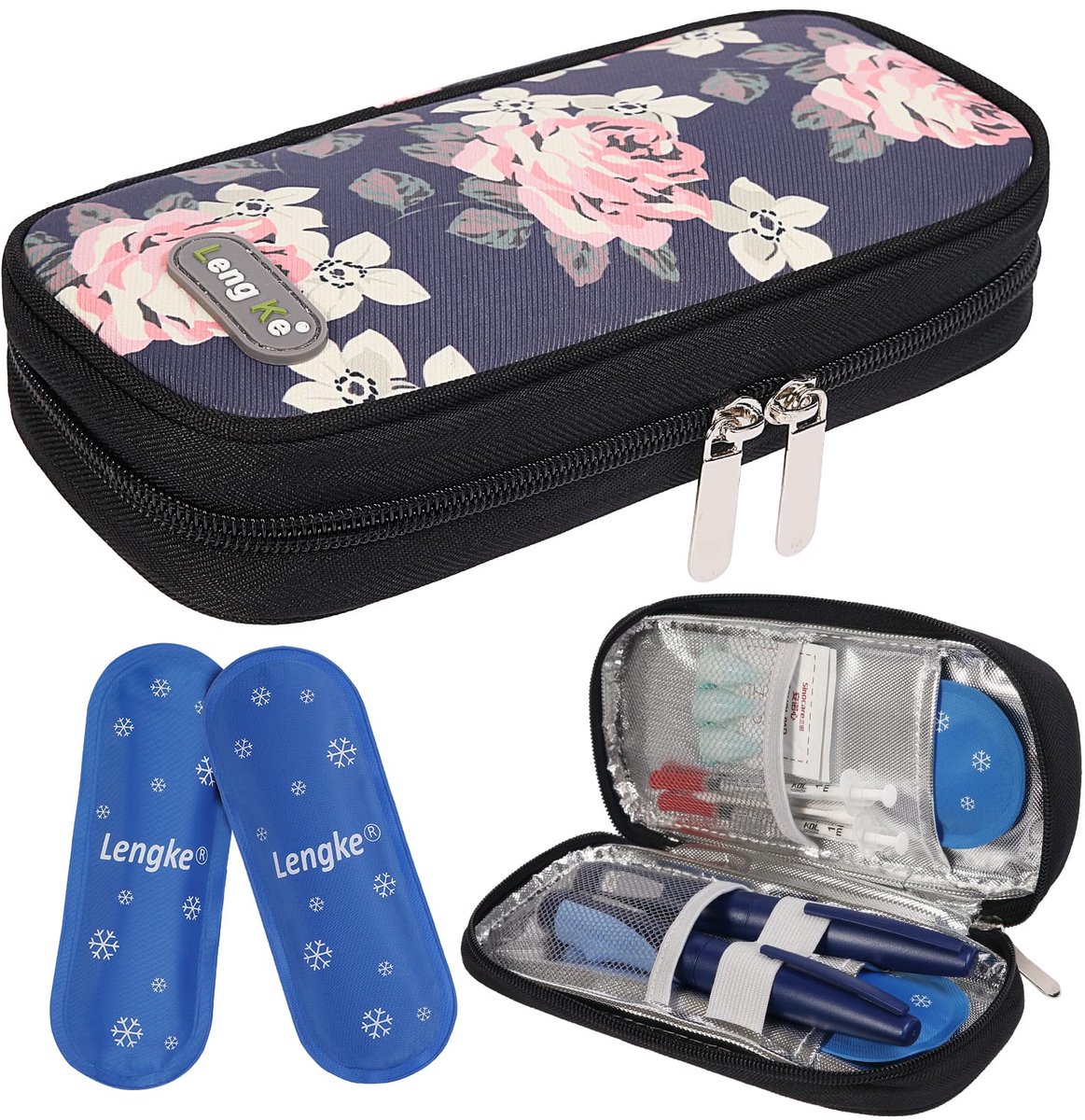 Insuline cooler travel case - compact bloemen - met 2 ice packs - ideaal voor onderweg - ShopVlot