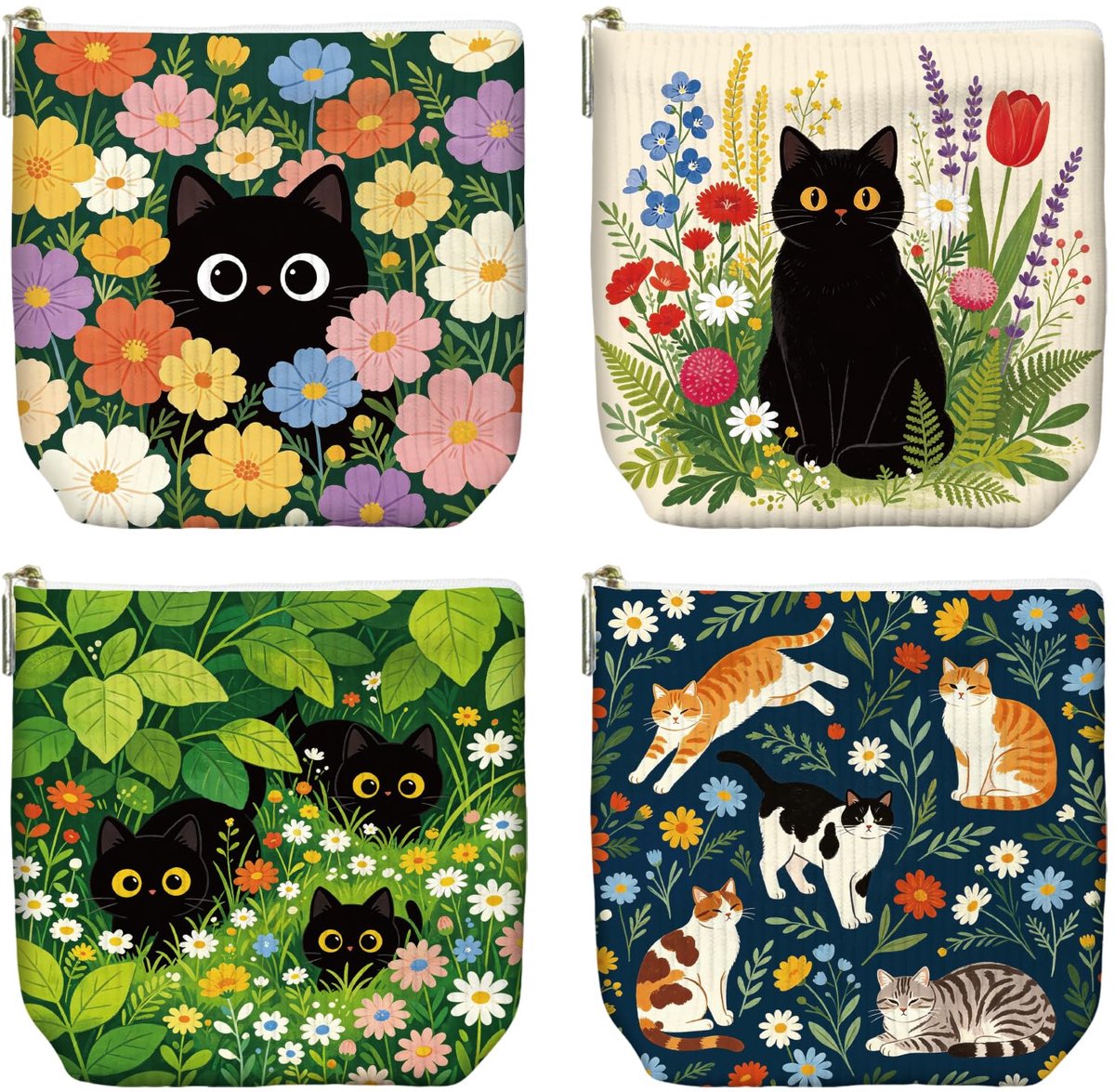 Make-uptasje set van 4 stuks - schattige mini-reistas - cartoon kat met bloemen - ideaal voor onderweg - ShopVlot