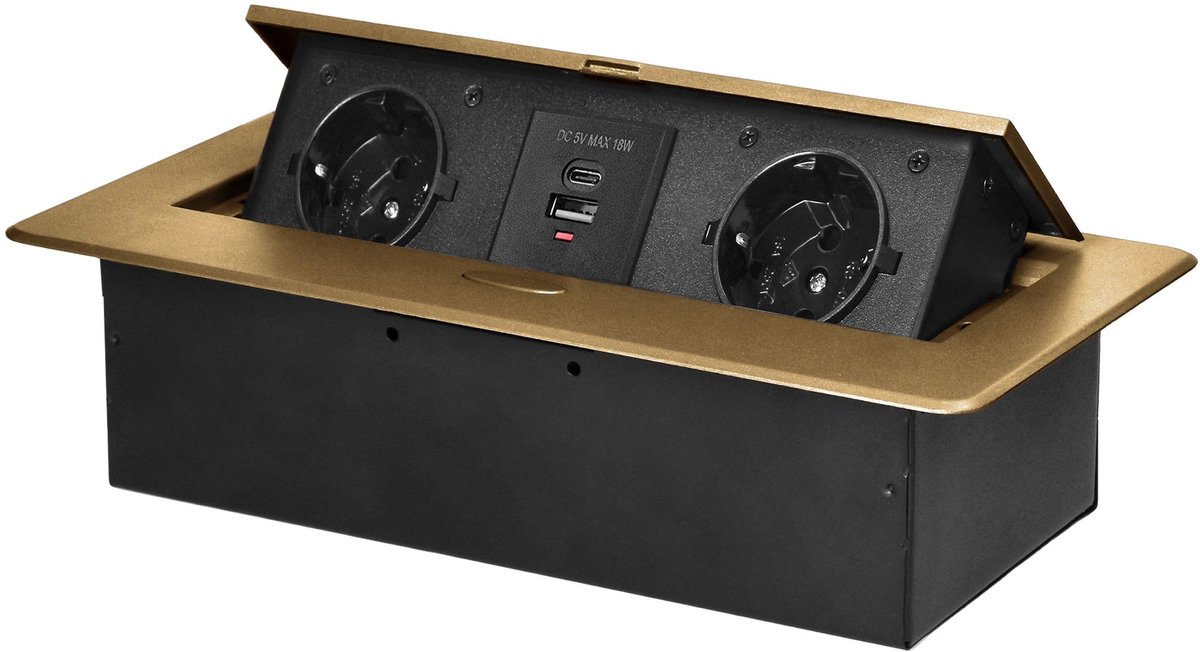 Inbouw stopcontact met USB-oplader - meubelcontactdoos goud - vlakke gefreesde rand - ideaal voor bureau zonder kabel - ShopVlot