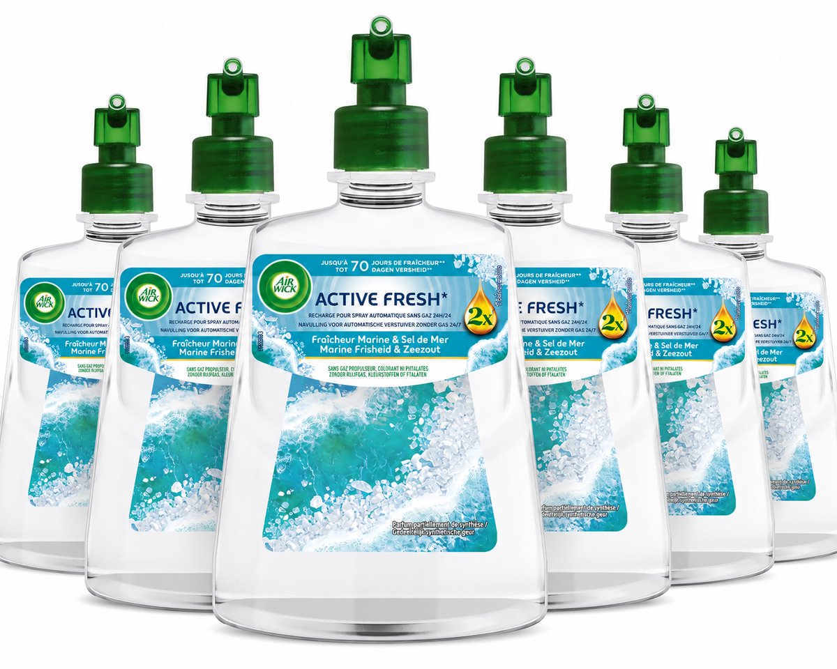 Air Wick Active Fresh Marine Frisheid & Zeezout Navulling – 6 Stuks – Automatische Luchtverfrisser – Tot 70 Dagen Frisheid