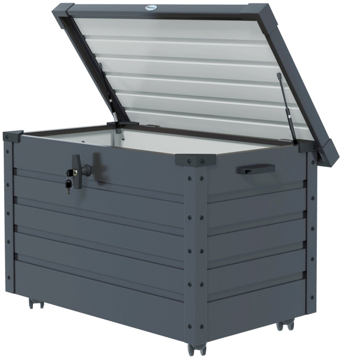 Tuin Opbergkist Waterdicht 100x62x65cm Donkergrijs 295 Liter Metalen Frame 4 Rollen Handgrepen Afsluitbaar voor Kussens Gereedschap Buiten