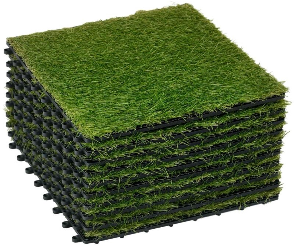 Kunstgras Tegels 10-delig 30x30cm Donkergroen 25mm Poolhoogte Waterdoorlatend UV-bestendig Antislip voor Tuin Balkon Terras