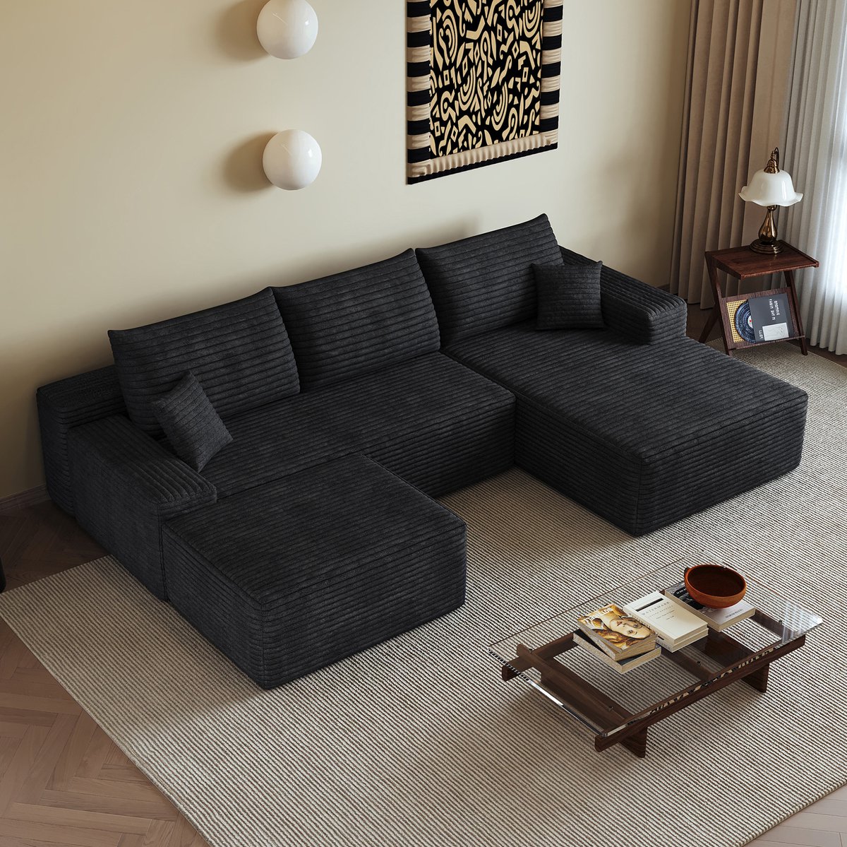 DESMIU Hoekbank 270 Cm Met L Vormige Chaise Longue En Zachte Foamvulling Voor Woonkamer En Appartement Van Corduroy Zwart