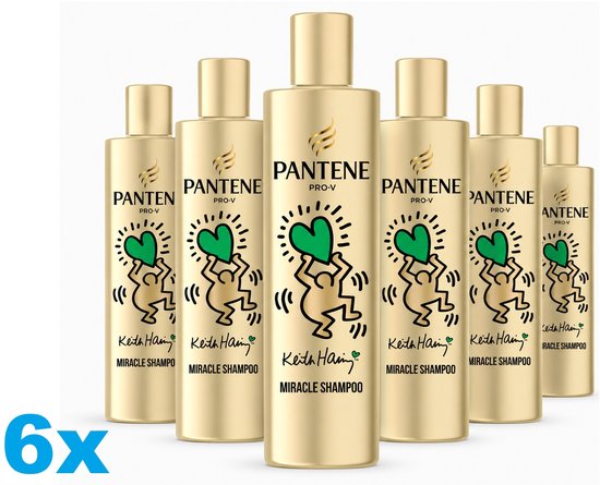 Six bouteilles de shampoing Pantene Pro-V Miracle, bouteilles dorées avec des œuvres d'art Keith Haring en vert et noir.