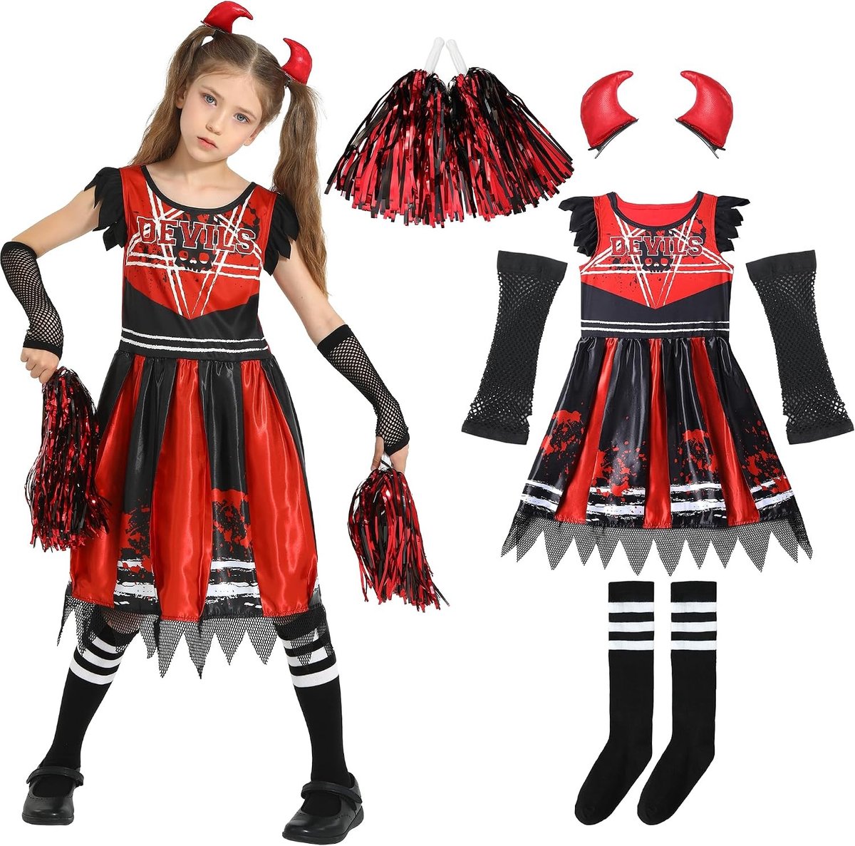 Party Zombie Cheerleader Kostuum - Duivel Zombie Cheerleader - 12-14 Jaar - Inclusief Accessoires - Voor Meisjes