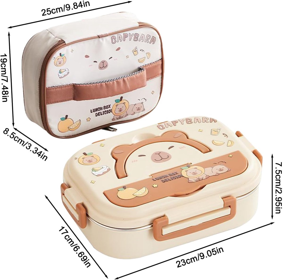 Casalora Lunchbox—Capybara Roestvrijstalen Bento Box—Drie Vakken—Lekvrij—Inclusief Bestek—Draagbaar—Geïsoleerde Tas—Perfect voor Picknicks, Kamperen, Reizen en School — cadeau in Koken & Dineren - foto 8