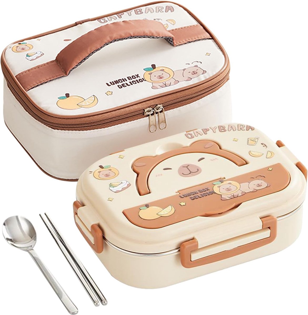 Casalora Lunchbox—Capybara Roestvrijstalen Bento Box—Drie Vakken—Lekvrij—Inclusief Bestek—Draagbaar—Geïsoleerde Tas—Perfect voor Picknicks, Kamperen, Reizen en School